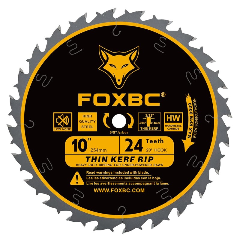 FOXBC 10-Inch Thin Kerf Ripping Table Saw Blade for Wood Cutting, 24-Tooth FTG, 5/8-Inch Arbor - Image 1